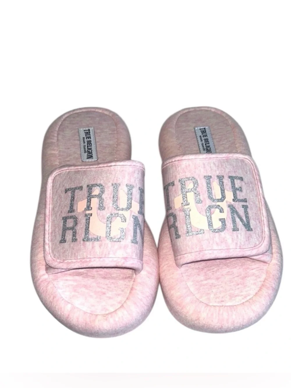 True Religion Pink And Gray Horseshoe Adjustable Strap Slide On Slippers - Picture 1 of 12